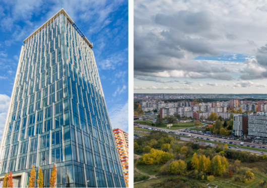 Vilniuje baigtas statyti 18 aukštų verslo centras: terasa ant stogo, stiklinis kabantis balkonas ir tvarūs sprendimai