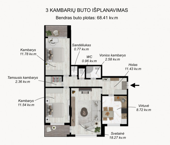 Parduodamas butas Žalgirio g., Žirmūnai, Vilniaus m., Vilniaus m. sav., 68.41 m2 ploto, 3 kambariai 2