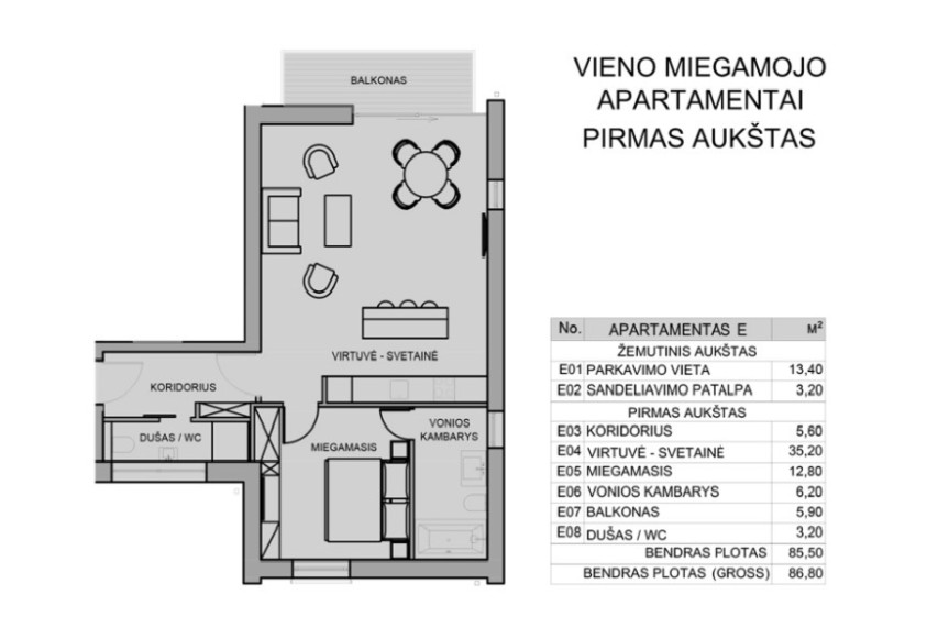 Nuomojamas butas Ežerėlių g., Avižieniai, Vilniaus m., Vilniaus m. sav., 61.33 m2 ploto, 2 kambariai 6