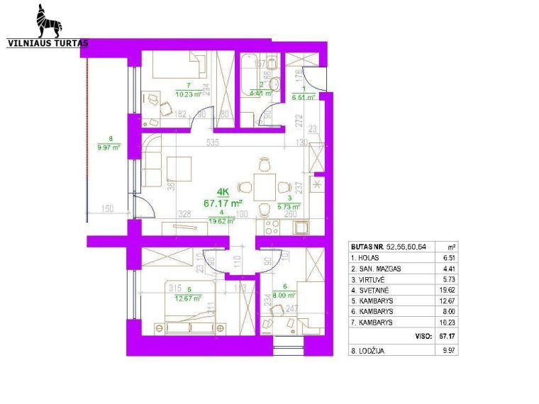 Parduodamas butas Daugėliškio g., Šnipiškės, Vilniaus m., Vilniaus m. sav., 67.17 m2 ploto, 4 kambariai 3