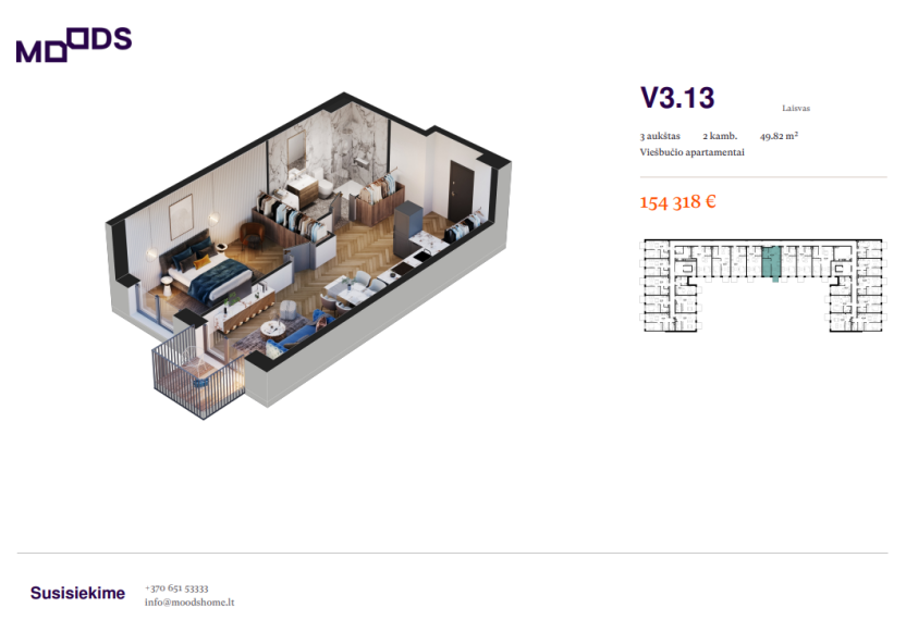 Parduodamas butas Riterių g., Žirmūnai, Vilniaus m., Vilniaus m. sav., 49.82 m² ploto 2 kambariai 1