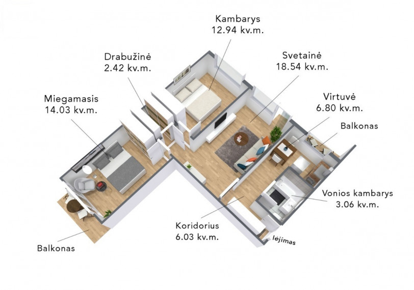 Parduodamas butas Architektų g., Lazdynai, Vilniaus m., Vilniaus m. sav., 64 m2 ploto, 3 kambariai 2