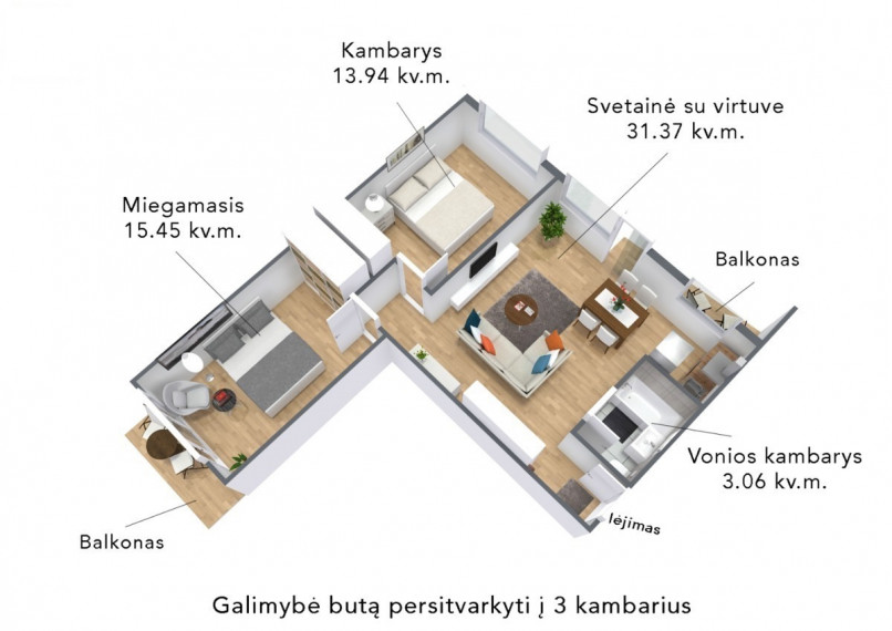 Parduodamas butas Architektų g., Lazdynai, Vilniaus m., Vilniaus m. sav., 64 m2 ploto, 3 kambariai 3