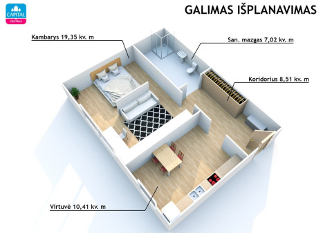 Parduodamas butas Latvių g., Žvėrynas, Vilniaus m., Vilniaus m. sav., 45.29 m2 ploto, 2 kambariai