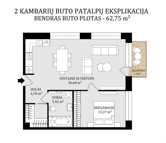 Parduodamas butas Totorių g., Centras, Kauno m., Kauno m. sav., 62.75 m2 ploto, 2 kambariai 6
