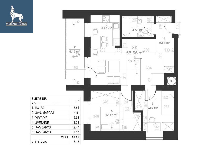 Parduodamas butas Daugėliškio g., Šnipiškės, Vilniaus m., Vilniaus m. sav., 58.56 m2 ploto, 3 kambariai 3