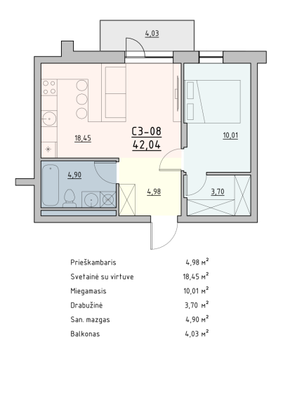 Parduodamas butas Kaminkelio g., Naujininkai, Vilniaus m., Vilniaus m. sav., 42.04 m² ploto 2 kambariai 5