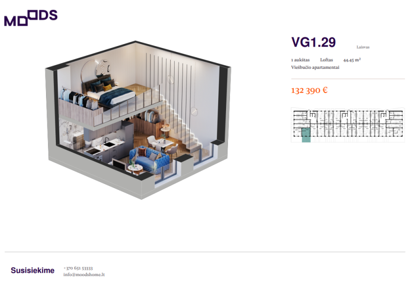 Parduodamas butas Riterių g., Žirmūnai, Vilniaus m., Vilniaus m. sav., 44.45 m² ploto 2 kambariai 1