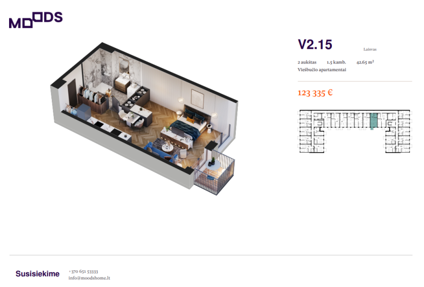 Parduodamas butas Riterių g., Žirmūnai, Vilniaus m., Vilniaus m. sav., 42.65 m² ploto 2 kambariai 1