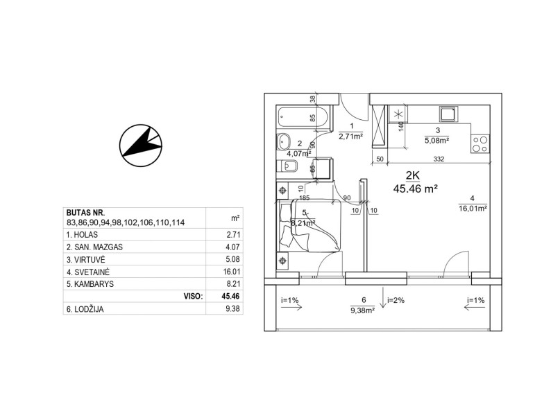Parduodamas butas Leičių g., Pašilaičiai, Vilniaus m., Vilniaus m. sav., 45.46 m² ploto 2 kambariai 2