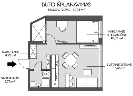 Parduodamas butas Žemaitės, Naujamiestis, Vilniaus m., Vilniaus m. sav., 38.56 m2 ploto, 2 kambariai
