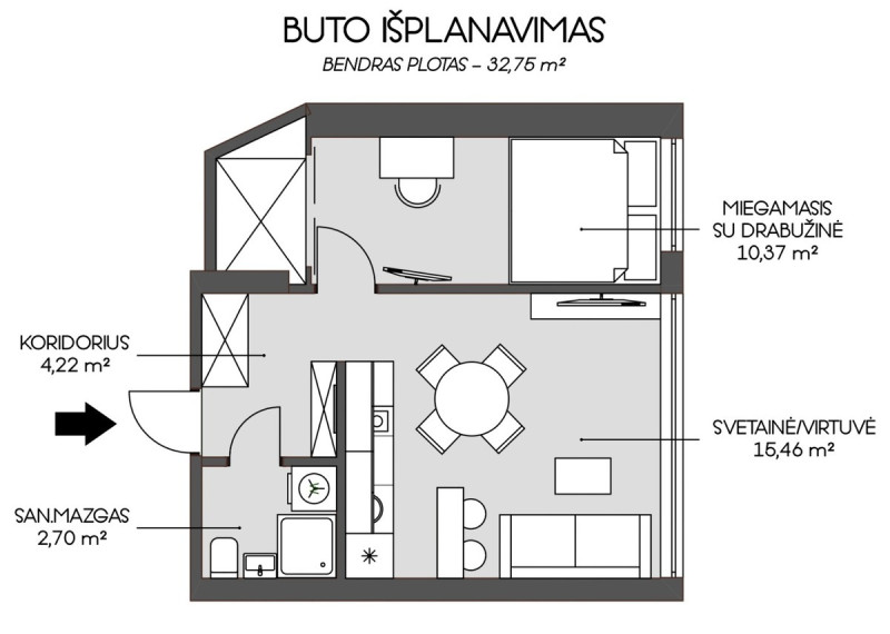 Parduodamas butas Žemaitės, Naujamiestis, Vilniaus m., Vilniaus m. sav., 38.56 m2 ploto, 2 kambariai 1