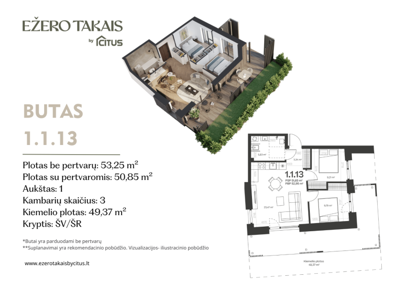 Parduodamas butas Sidaronių g., Justiniškės, Vilniaus m., Vilniaus m. sav., 53.25 m² ploto 3 kambariai 2