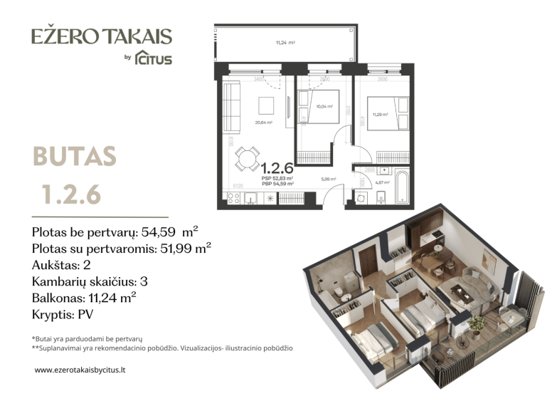 Parduodamas butas Sidaronių g., Justiniškės, Vilniaus m., Vilniaus m. sav., 54.59 m² ploto 3 kambariai 2