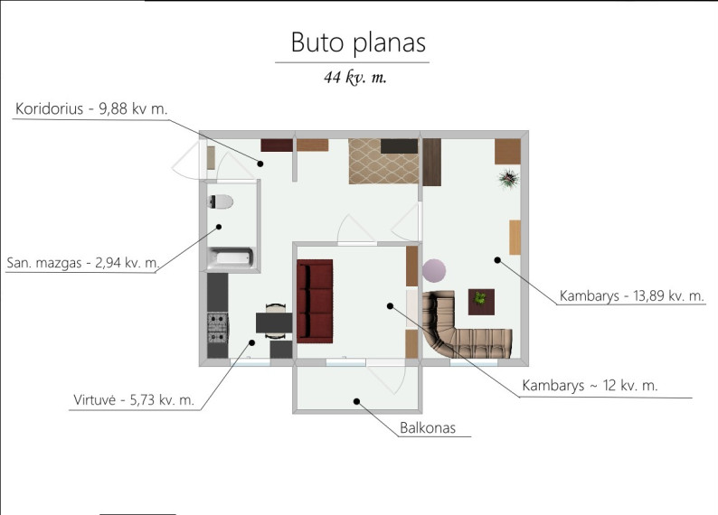 Parduodamas butas Apkasų g., Žirmūnai, Vilniaus m., Vilniaus m. sav., 44.44 m2 ploto, 2 kambariai 4