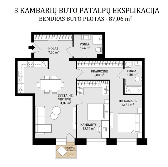 Parduodamas butas Totorių g., Centras, Kauno m., Kauno m. sav., 87.06 m2 ploto, 3 kambariai 18