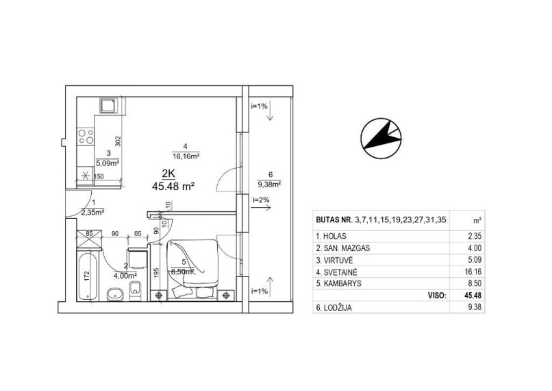 Parduodamas butas Leičių g., Pašilaičiai, Vilniaus m., Vilniaus m. sav., 45.48 m² ploto 2 kambariai 11