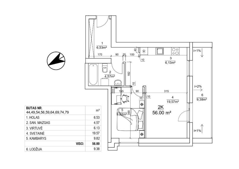 Parduodamas butas Leičių g., Pašilaičiai, Vilniaus m., Vilniaus m. sav., 56.00 m² ploto 2 kambariai 6