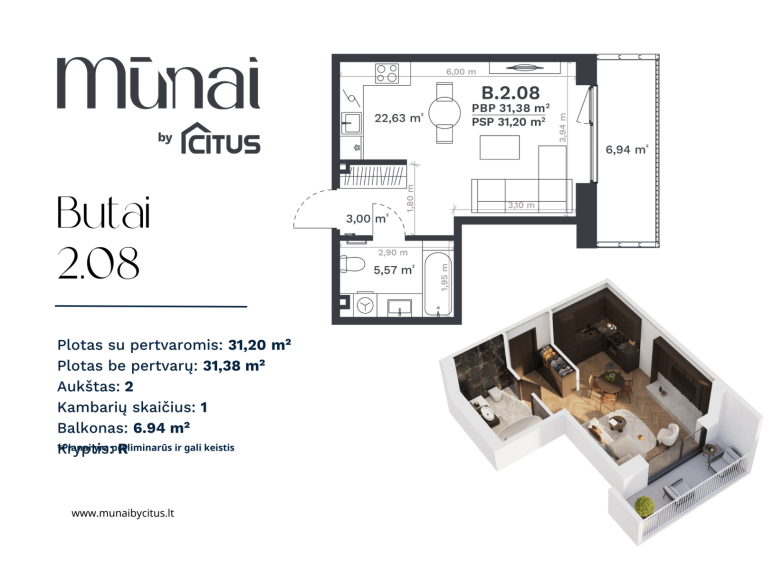 Parduodamas butas Kareivių g., Šiaurės miestelis, Vilniaus m., Vilniaus m. sav., 31.38 m² ploto 1 kambarys 2