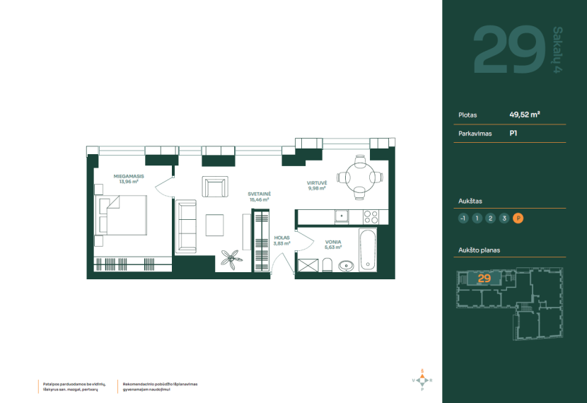 Parduodamas butas Sakalų g., Žvėrynas, Vilniaus m., Vilniaus m. sav., 49.52 m² ploto 2 kambariai 3
