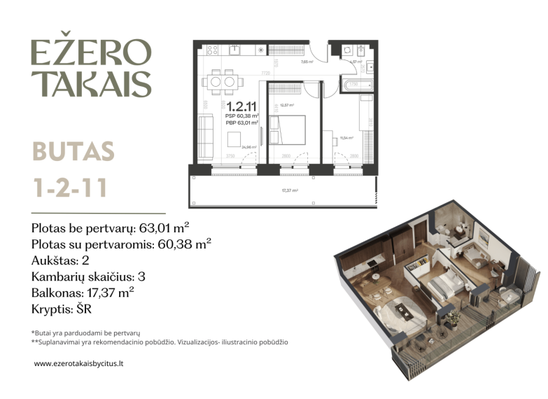 Parduodamas butas Sidaronių g., Justiniškės, Vilniaus m., Vilniaus m. sav., 63.01 m² ploto 3 kambariai 2