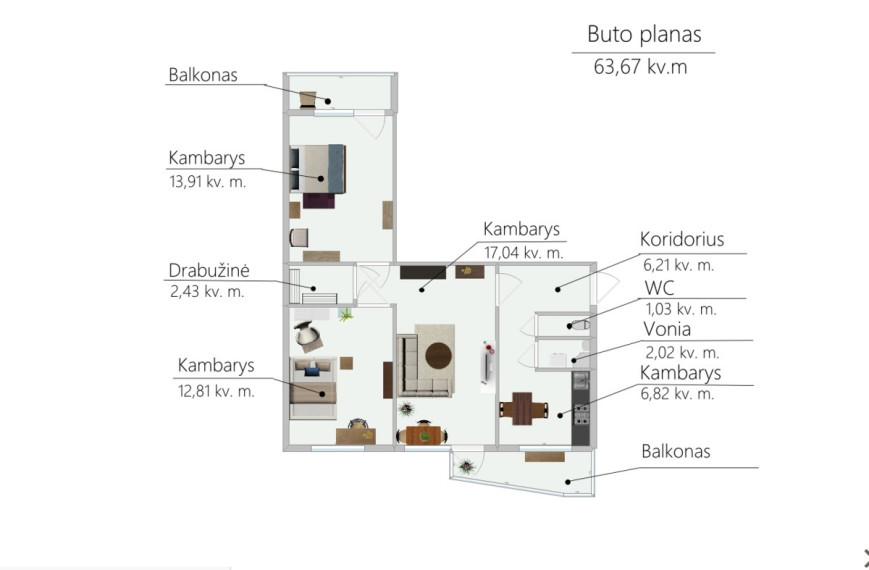 Parduodamas butas Viršuliškių g., Viršuliškės, Vilniaus m., Vilniaus m. sav., 63.67 m2 ploto, 3 kambariai 3