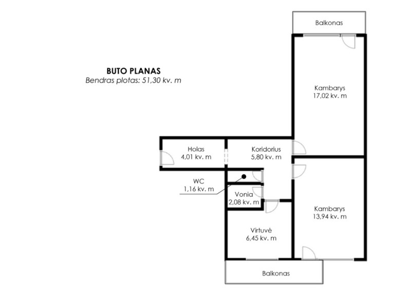 Parduodamas butas Vaižganto g., Dauniškio, Utenos m., Utenos r. sav., 51.3 m2 ploto, 2 kambariai 6