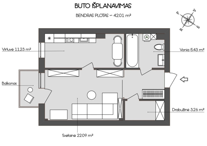Parduodamas butas Vėtrungių g., Fabijoniškės, Vilniaus m., Vilniaus m. sav., 42 m2 ploto, 1 kambariai 4