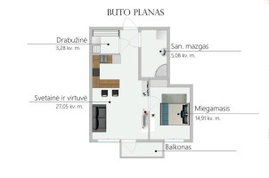 Parduodamas butas Juozo Rutkausko g., Viršuliškės, Vilniaus m., Vilniaus m. sav., 50.32 m2 ploto, 2 kambariai 3