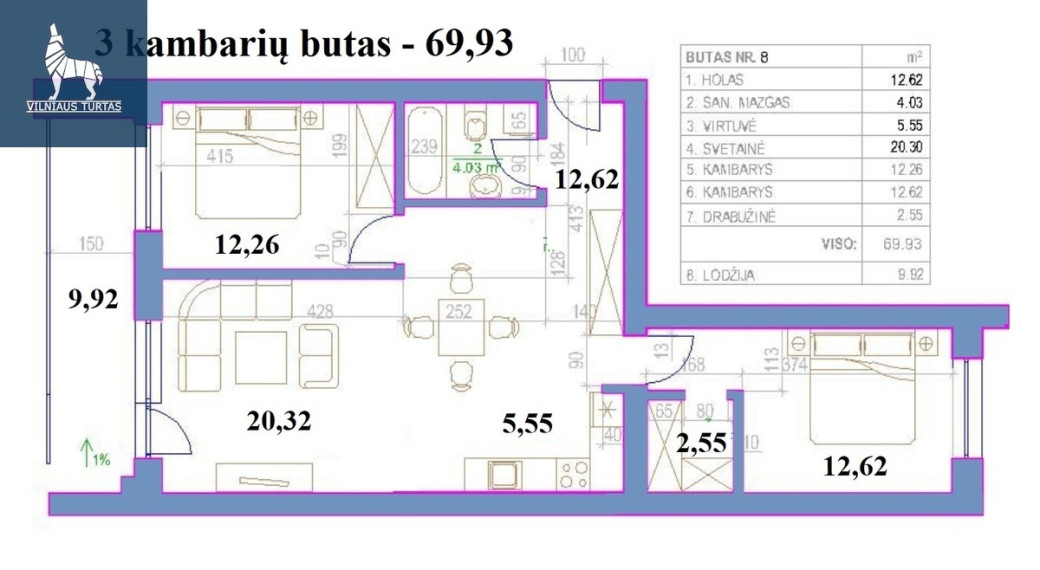 Parduodamas butas Daugėliškio g., Šnipiškės, Vilniaus m., Vilniaus m. sav., 69.92 m2 ploto, 3 kambariai 14