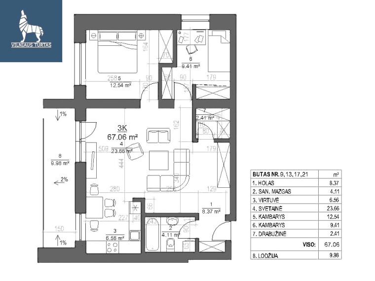 Parduodamas butas Daugėliškio g., Šnipiškės, Vilniaus m., Vilniaus m. sav., 67.07 m2 ploto, 3 kambariai 33