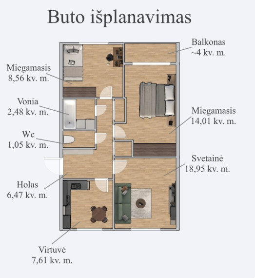 Parduodamas butas Romuvos g., Lampėdžiai, Kauno m., Kauno m. sav., 68.37 m2 ploto, 3 kambariai 17