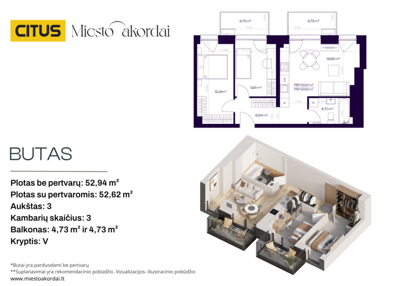 Parduodamas butas Trimitų g., Šnipiškės, Vilniaus m., Vilniaus m. sav., 52.94 m² ploto 3 kambariai 2