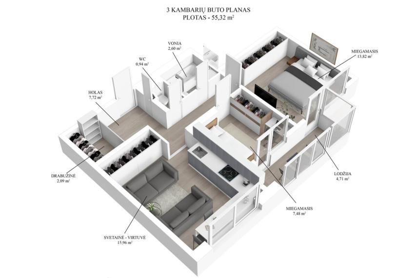 Parduodamas butas Šeškinės g., Šeškinė, Vilniaus m., Vilniaus m. sav., 55.32 m2 ploto, 3 kambariai 20