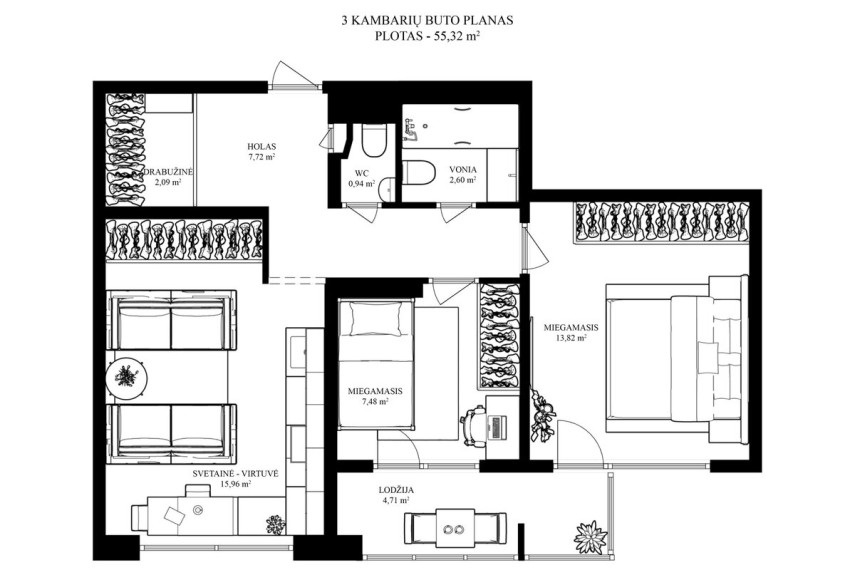 Parduodamas butas Šeškinės g., Šeškinė, Vilniaus m., Vilniaus m. sav., 55.32 m2 ploto, 3 kambariai 21