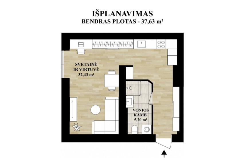 Parduodamas butas Mėtų g., Bajorų k., Vilniaus r. sav., 37.63 m2 ploto, 1 kambariai 25