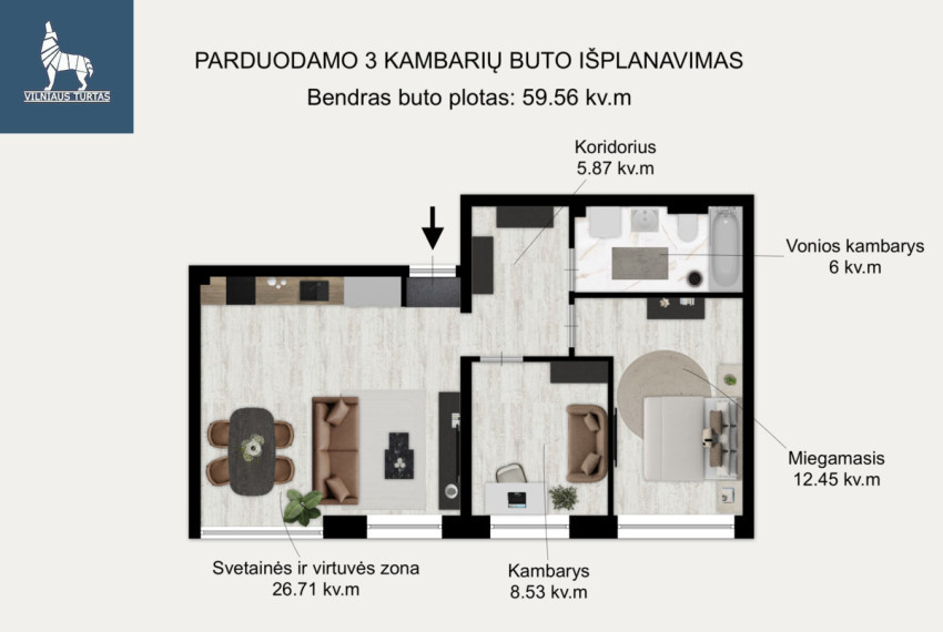 Parduodamas butas Tarandės g., Tarandė, Tarandės k., Vilniaus m. sav., 59.56 m2 ploto, 3 kambariai 32