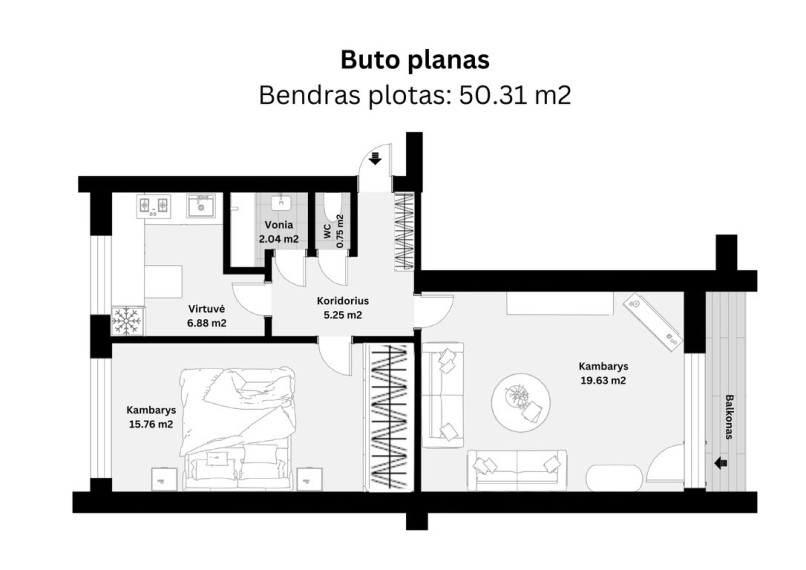 Parduodamas butas Verkių g., Vilijampolėje, Kaune, 50.31 kv.m ploto 14