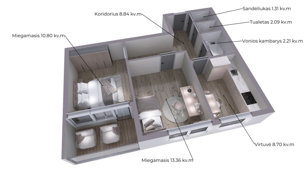 Parduodamas butas Nevėžio g., Babtų mstl., Kauno r. sav., 46.23 m2 ploto, 2 kambariai 1