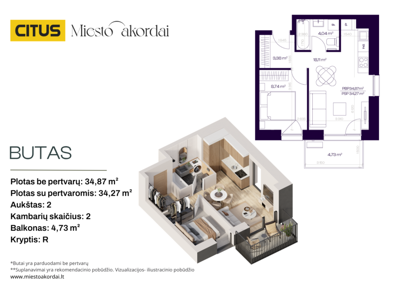 Parduodamas butas Trimitų g., Šnipiškės, Vilniaus m., Vilniaus m. sav., 34.87 m² ploto 2 kambariai 2