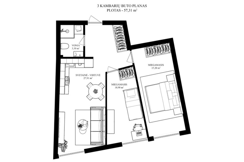 Parduodamas butas Kęstučio g., Vilniaus m., Vilniaus m. sav., 57.31 m2 ploto, 2 kambariai 24