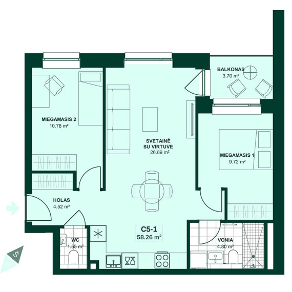 Parduodamas butas Liongino Baliukevičiaus-Dzūko g., Fabijoniškės, Vilniaus m., Vilniaus m. sav., 58.61 m² ploto 3 kambariai 7