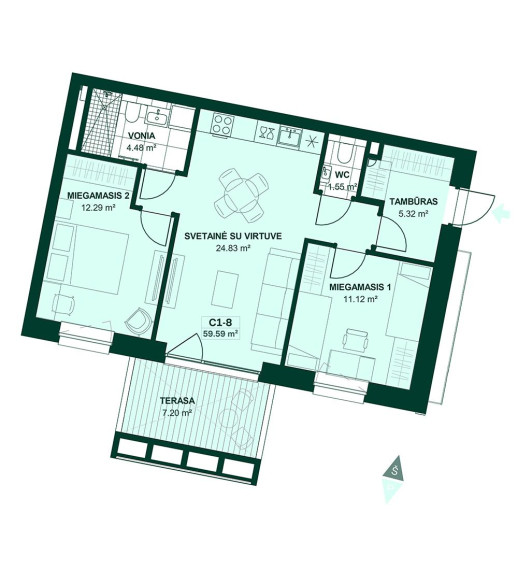 Parduodamas butas Justiniškių g., Pašilaičiai, Vilniaus m., Vilniaus m. sav., 59.59 m² ploto 2 kambariai 4
