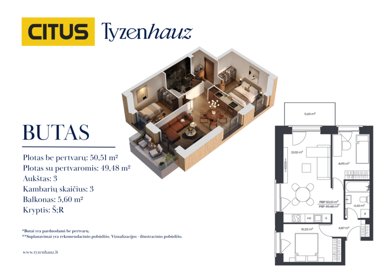Parduodamas butas Tyzenhauzų g., Senamiestis, Vilniaus m., Vilniaus m. sav., 50.51 m² ploto 3 kambariai 2