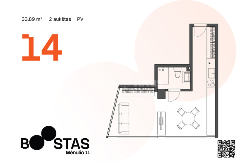 Parduodamas butas Mėnulio g., Viršuliškės, Vilniaus m., Vilniaus m. sav., 33.89 m2 ploto, 1 kambariai 14