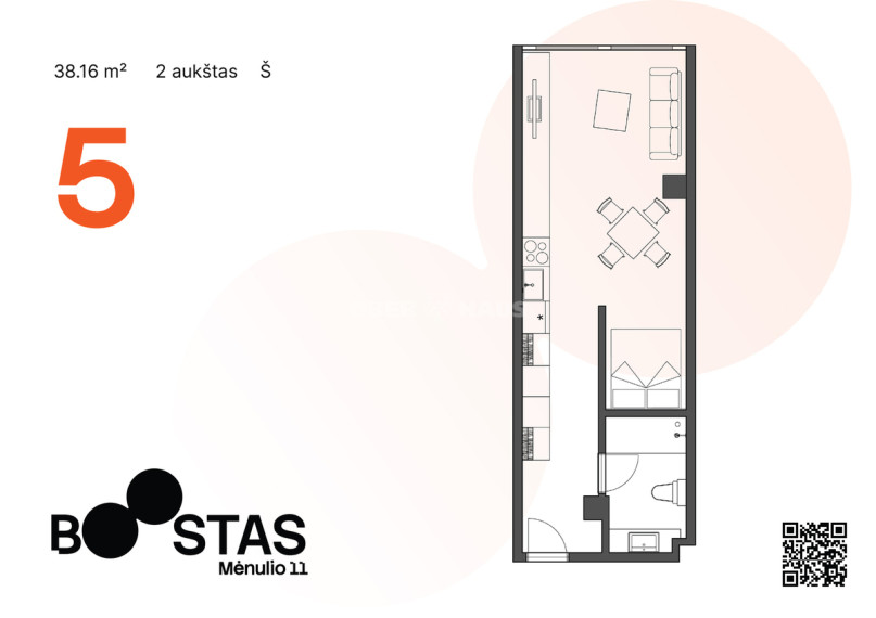 Parduodamas butas Mėnulio g., Viršuliškės, Vilniaus m., Vilniaus m. sav., 38.16 m2 ploto, 1 kambariai 14