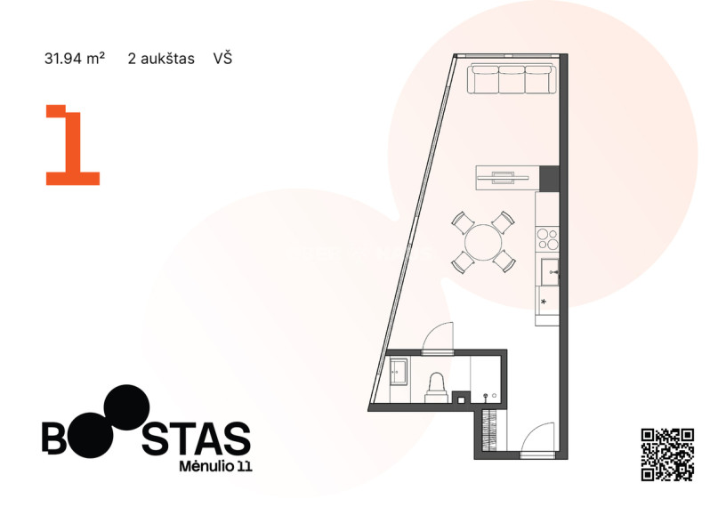 Parduodamas butas Mėnulio g., Viršuliškės, Vilniaus m., Vilniaus m. sav., 31.94 m2 ploto, 1 kambariai 14