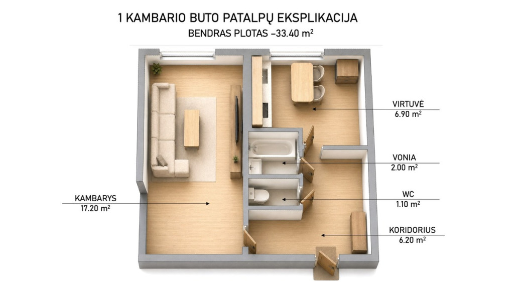 Parduodamas butas Algimanto Petro Kavoliuko g., Vilniaus m., Vilniaus m. sav., 33.4 m2 ploto, 1 kambariai 24