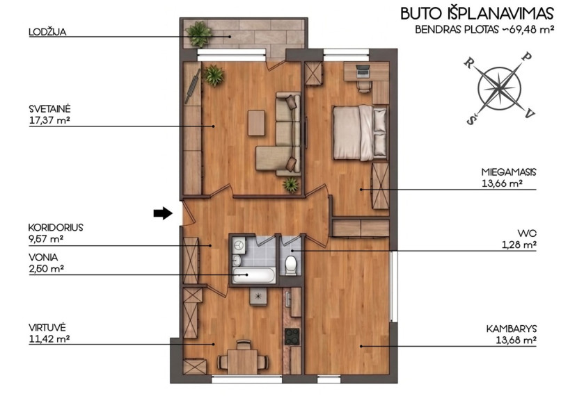 Parduodamas butas Naujoji g., Vievio m., Elektrėnų sav., 69.48 m2 ploto, 3 kambariai 2