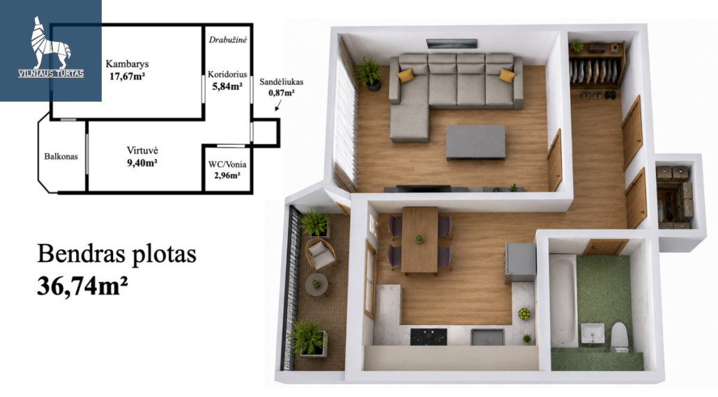 Parduodamas butas Buivydiškių g., Šeškinė, Vilniaus m., Vilniaus m. sav., 36.74 m2 ploto, 1 kambariai 10